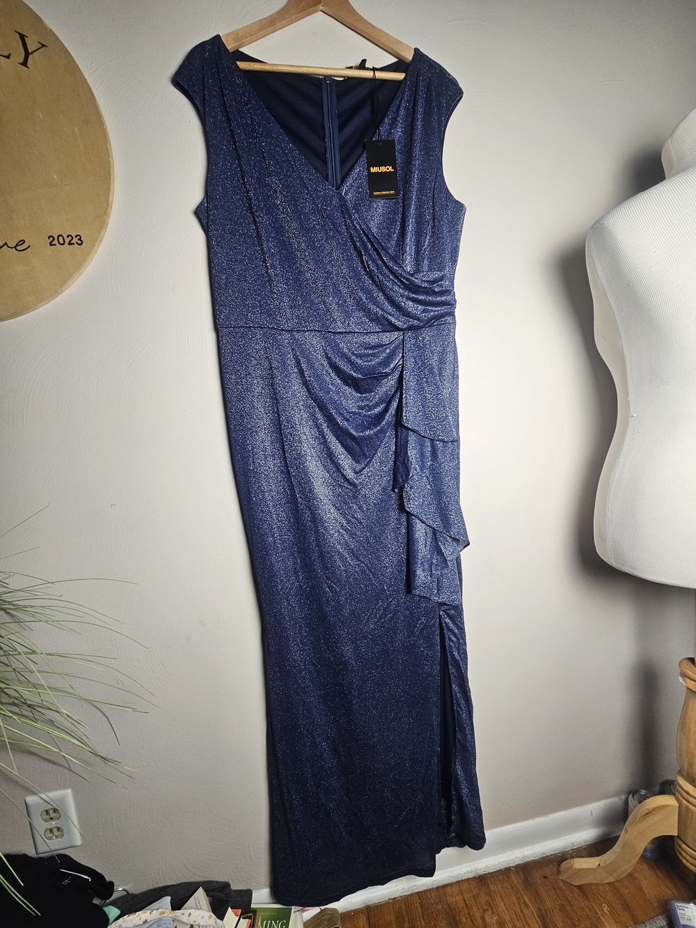 Miusol Navy Shimmer Wrap-Front Evening Dress